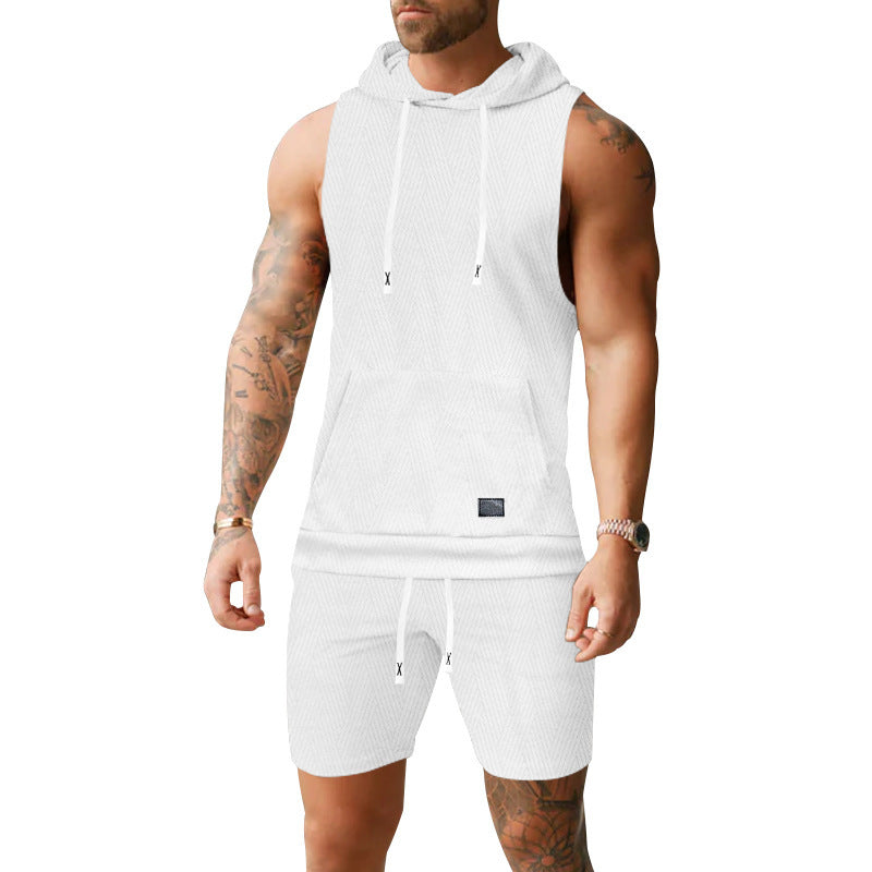Men's sleeveless hoodie vest set made of textured cotton blend with kangaroo pocket and drawstring shorts StylebySassy