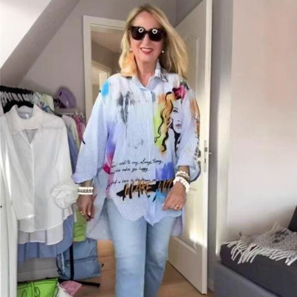 Women's elegantly printed loose-fitting shirt blouse with pop art motif and pinstripes StylebySassy