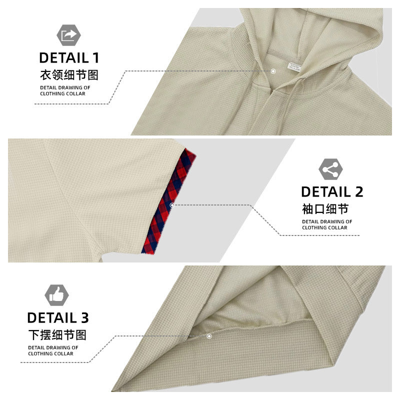 Men's slim fit short sleeve hooded shirt in polo style with Henley neckline and checkered sleeve cuff StylebySassy