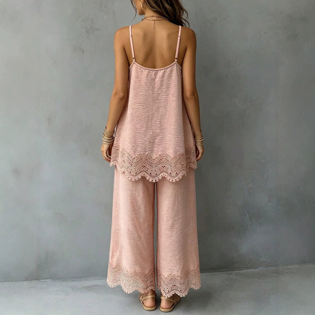 Ladies lightweight two-piece set with spaghetti strap top, intricate lace hem, and wide palazzo pants StylebySassy