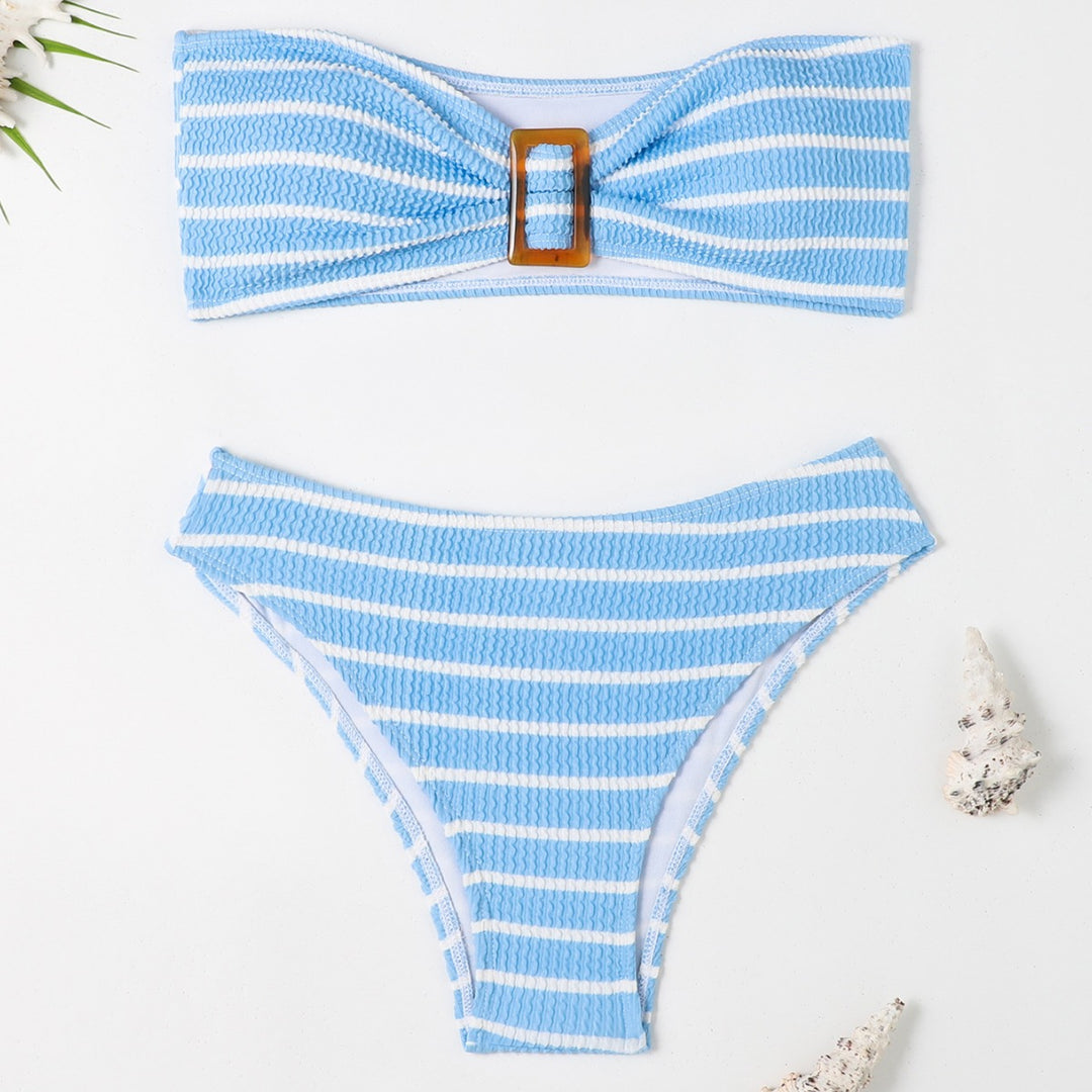 Women's bandeau bikini with a stylish striped pattern and decorative buckle StylebySassy