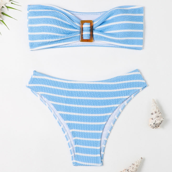 Women's bandeau bikini with a stylish striped pattern and decorative buckle StylebySassy