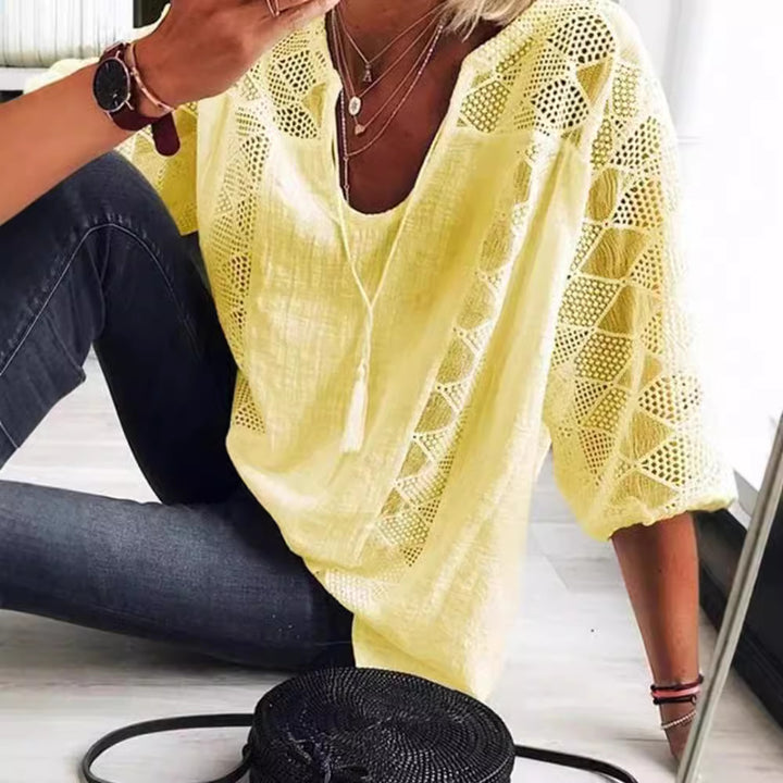 Women's airy crochet blouse with V-neck and balloon sleeves StylebySassy