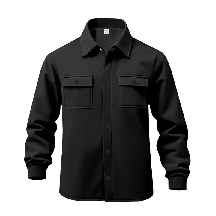 Men's unlined shirt jacket with fleece lining, patch chest pockets and snap button placket StylebySassy