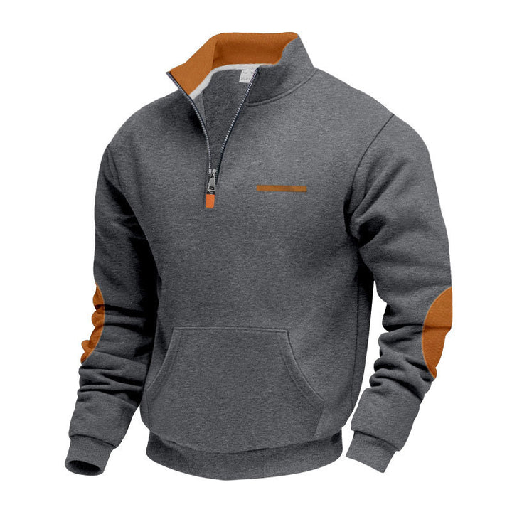 Men's half-zip sweatshirt with stand-up collar, kangaroo pocket, and elbow patches StylebySassy