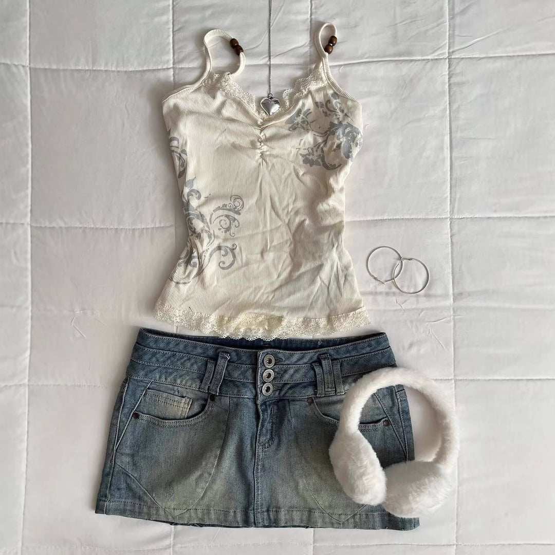 Women Playful Spaghetti Strap Top with Lace Details StylebySassy