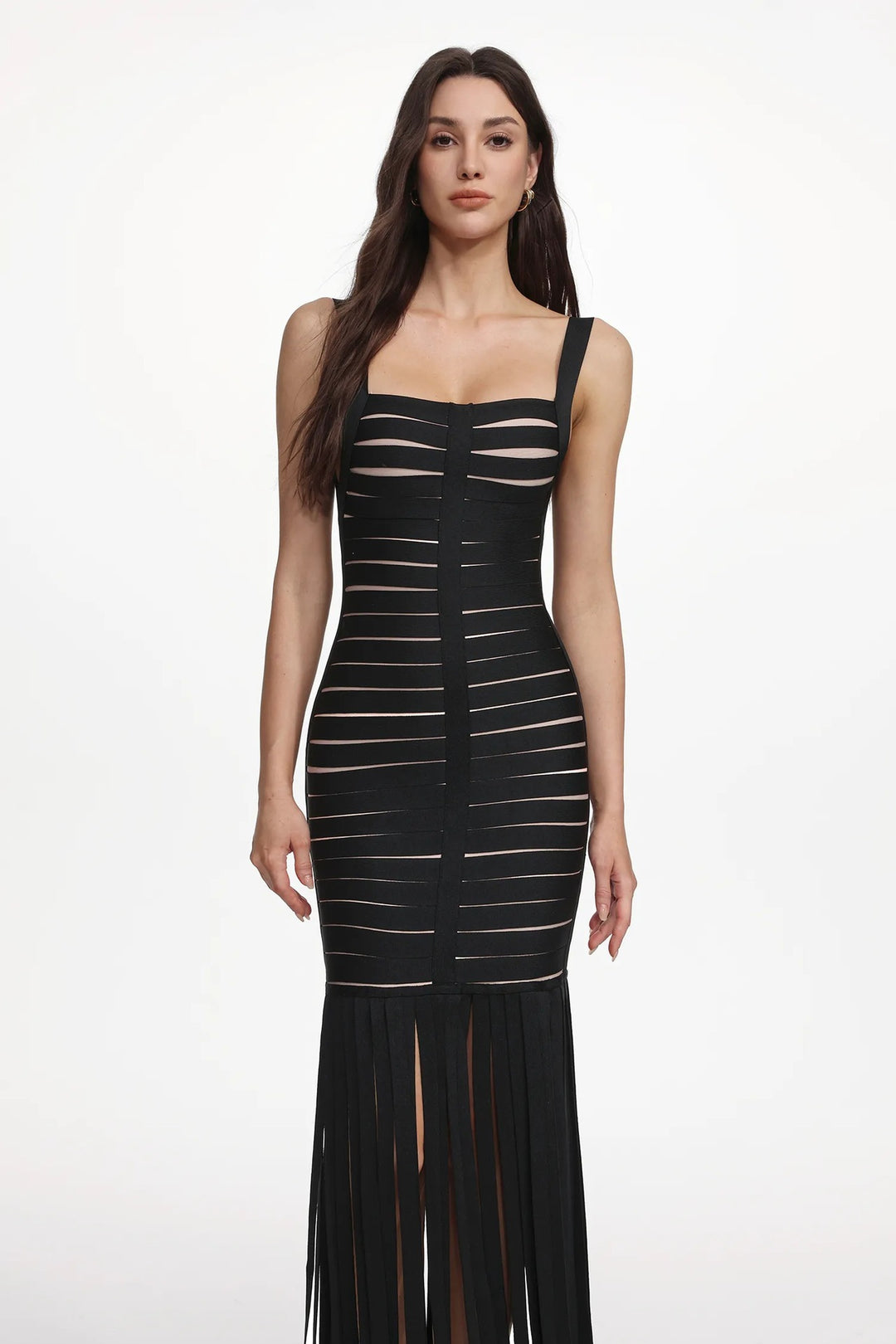 Women Elegant Evening Dress with Sophisticated Stripe Design and Fringing