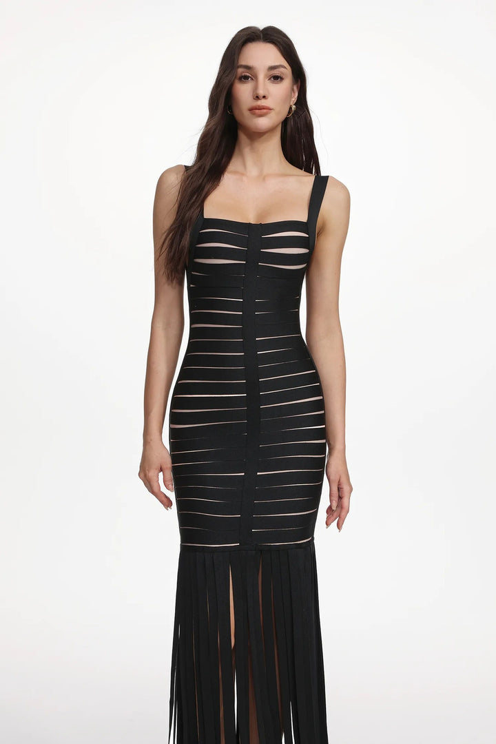 Women Elegant Evening Dress with Sophisticated Stripe Design and Fringing