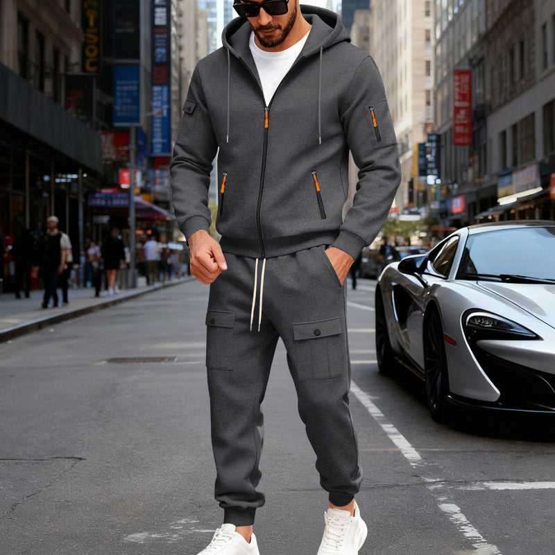 Men's urban hooded tracksuit made of cotton blend with cargo pockets and functional zippers StylebySassy