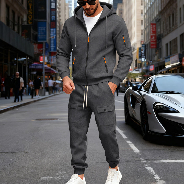 Men's urban hooded tracksuit made of cotton blend with cargo pockets and functional zippers StylebySassy