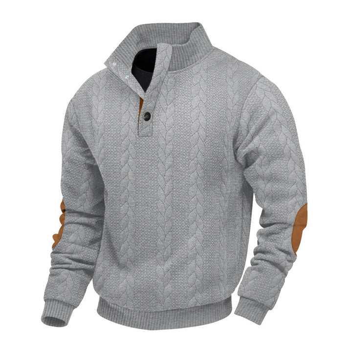Men's cable knit turtleneck with stand-up collar, half button placket, and contrasting leather applications StylebySassy