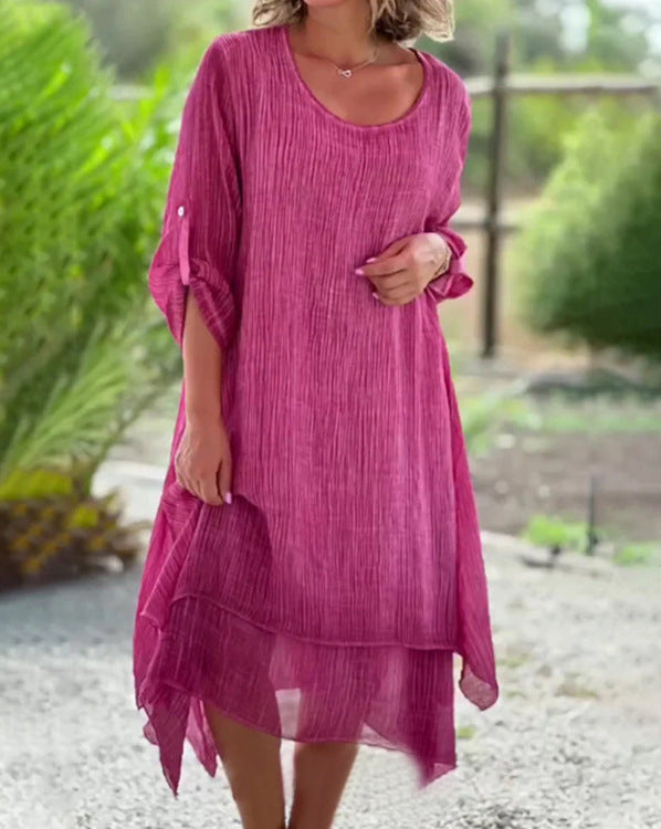 Women’s loose muslin layer midi dress with A-line and roll-up sleeves StylebySassy