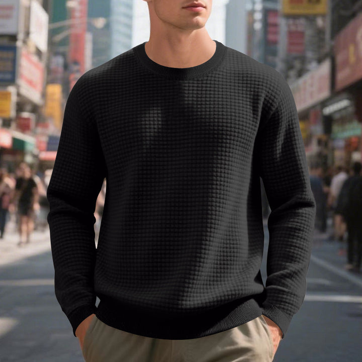 Men's structured knit sweater with waffle texture and round neck StylebySassy