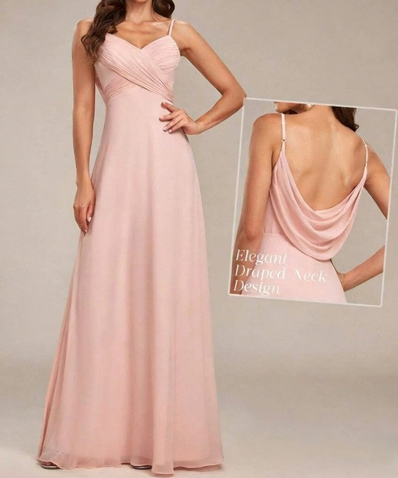 Ladies flowing chiffon evening dress with crossed draping, empire waist and fine spaghetti straps StylebySassy