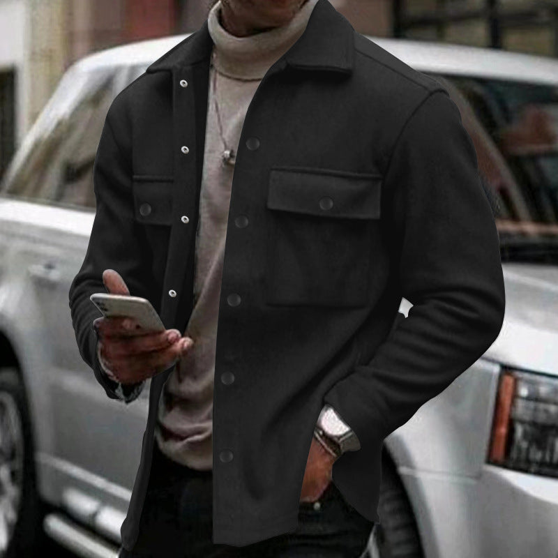 Men's wool blend overshirt jacket with flap pockets, concealed button placket, and shirt collar StylebySassy
