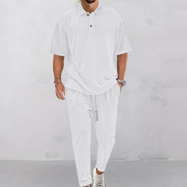 Men's jacquard loungewear set with polo collar, drawstring waistband, and tapered joggers StylebySassy
