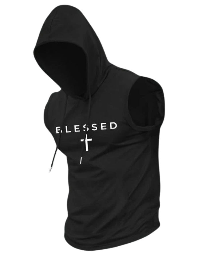 Men's sleeveless hoodie sweatshirt with slogan print and athletic fit StylebySassy