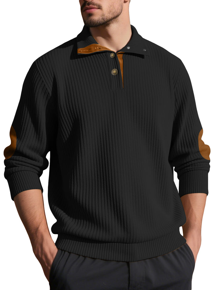 Men's ribbed half-button pullover with Kent collar and leather trim StylebySassy
