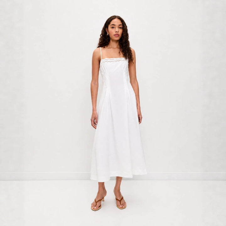 Women's Vintage-inspired Midi Dress with Slim Spaghetti Straps, Lace Insert and Flared Skirt StylebySassy