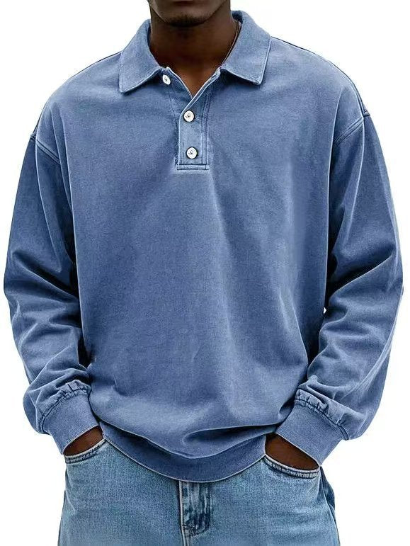 Men's casual polo shirt sweatshirt with collar, vintage wash and three-piece button placket StylebySassy