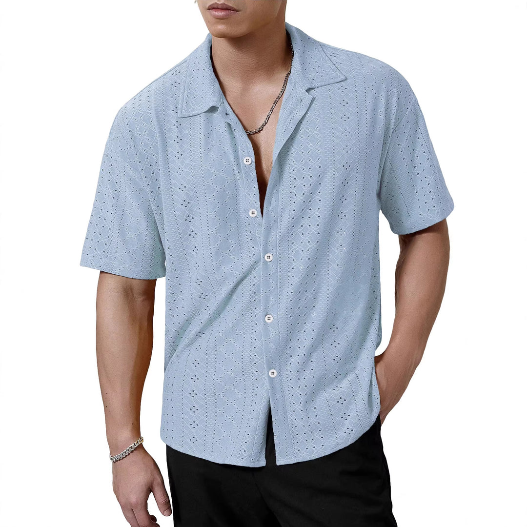 Men's short-sleeve casual shirt with openwork embroidery, lapel collar and relaxed fit StylebySassy