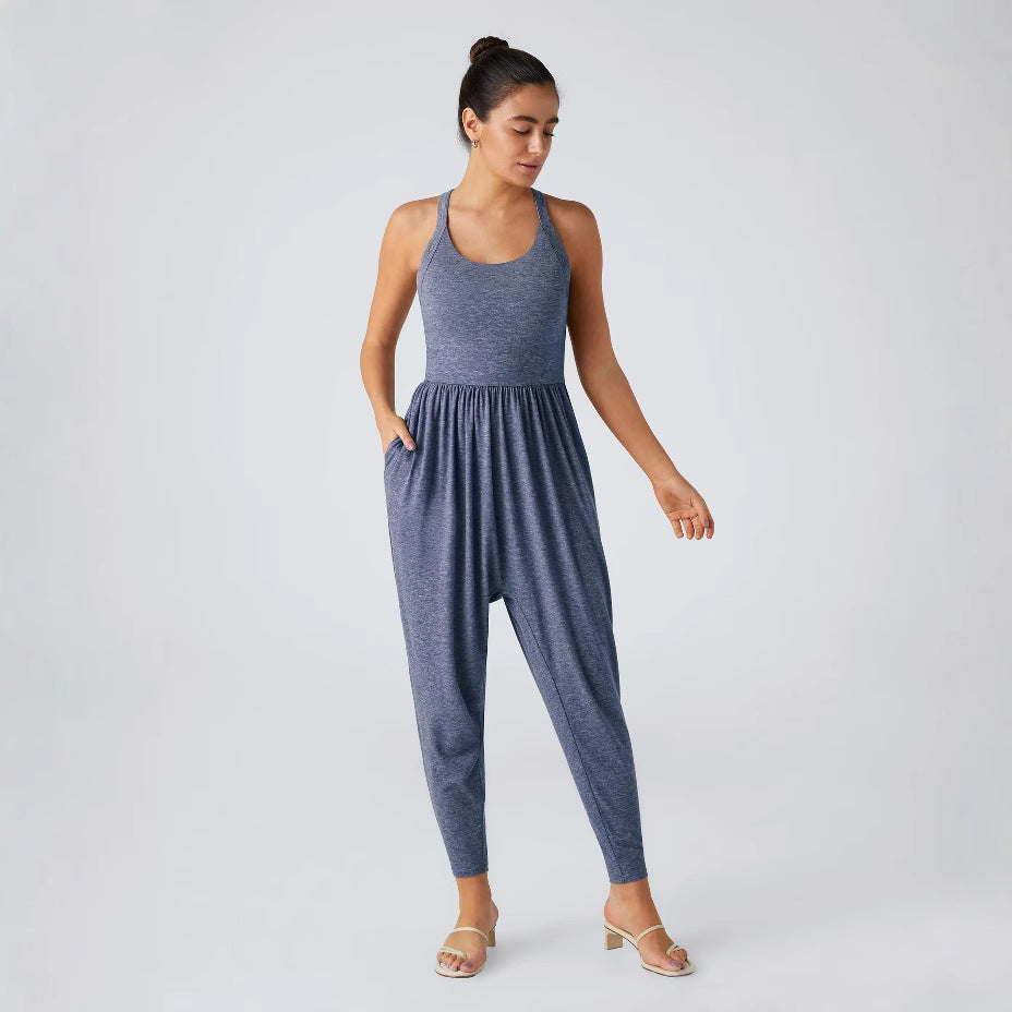 Women's casual jersey jumpsuit with racerback, smocked waist and side pockets StylebySassy