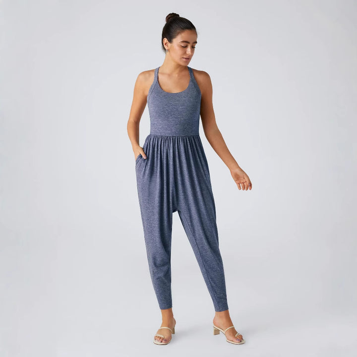 Women's casual jersey jumpsuit with racerback, smocked waist and side pockets StylebySassy