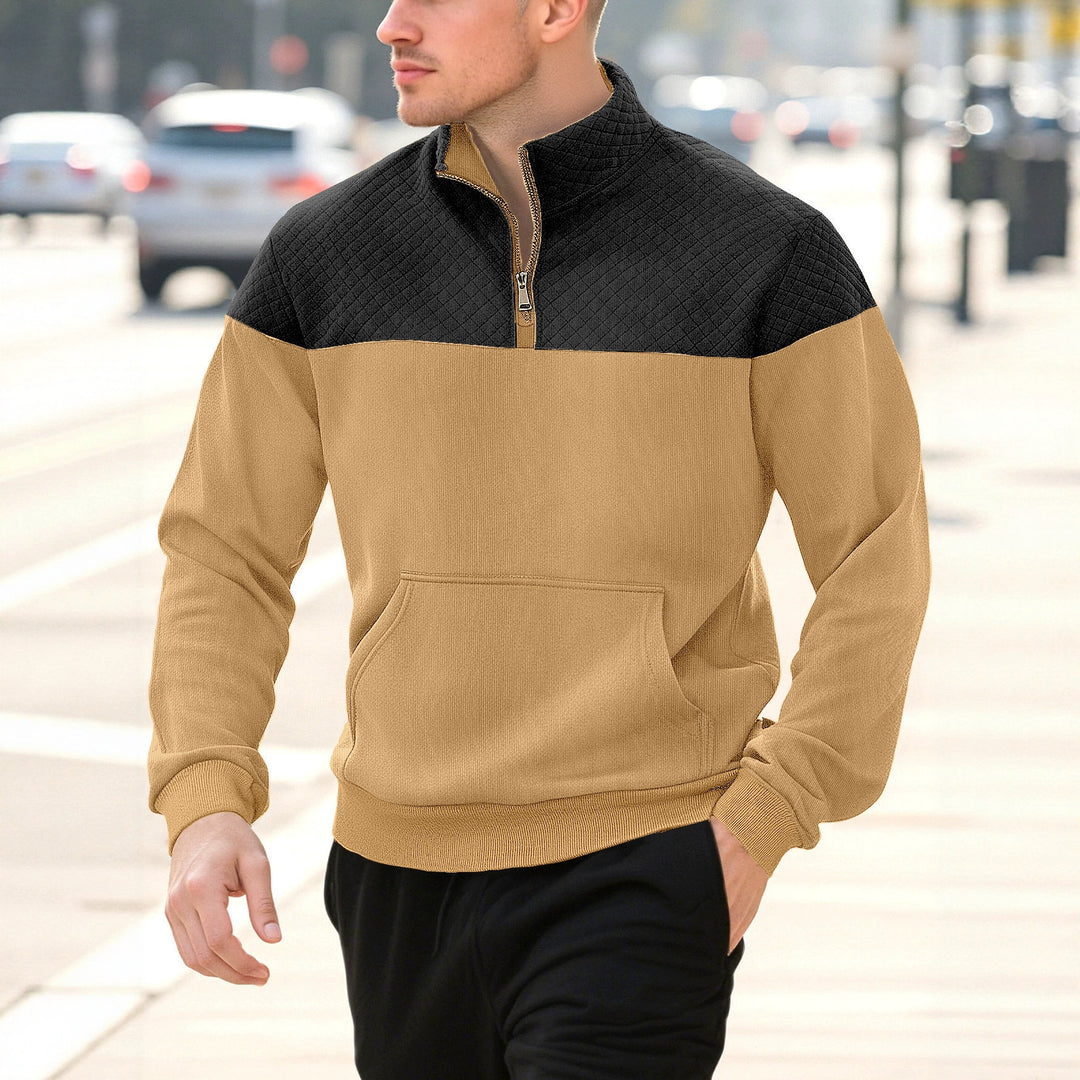 Men's half-zip sweatshirt with quilted shoulder area, kangaroo pocket, and ribbed cuffs StylebySassy