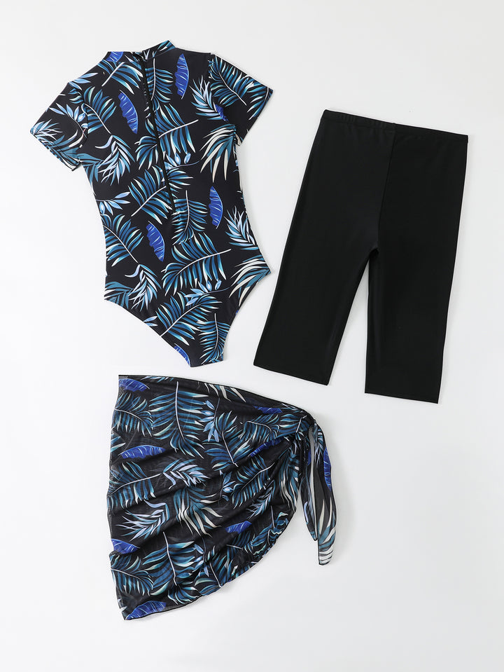 Ladies sporty one-piece swimsuit with complementary leggings and wrap skirt StylebySassy