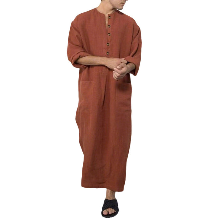 Men's wide long tunic-kaftan made of breathable linen with stand-up collar, button placket, and patch pockets StylebySassy