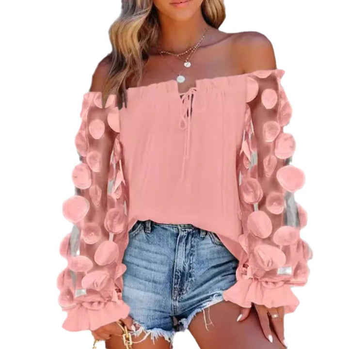 Women off-shoulder Carmen top with transparent organza sleeves, circular appliqués and ruffle cuffs StylebySassy