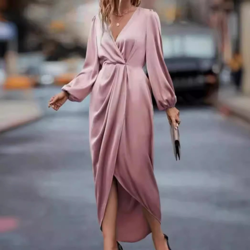 Women's elegant satin midi dress with twist waist V-neck and balloon sleeves StylebySassy