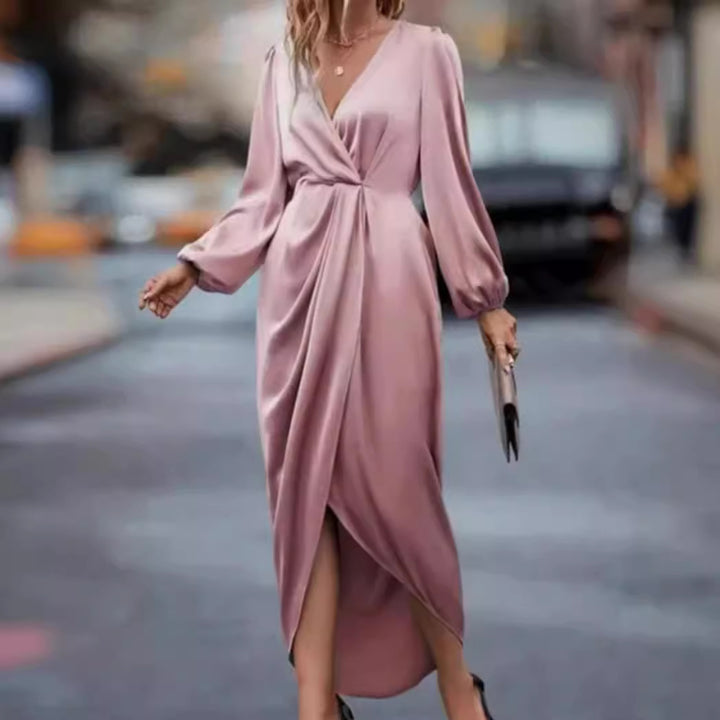 Women's elegant satin midi dress with twist waist V-neck and balloon sleeves StylebySassy