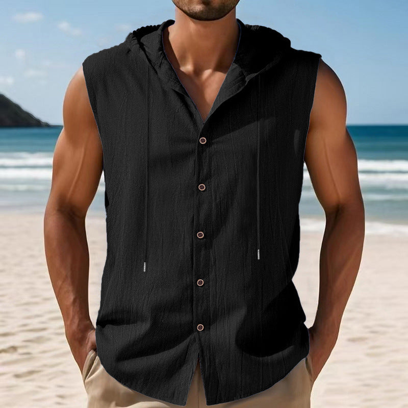 Men's sleeveless hooded shirt made of crepe-structured cotton blend with continuous button placket and drawstring StylebySassy