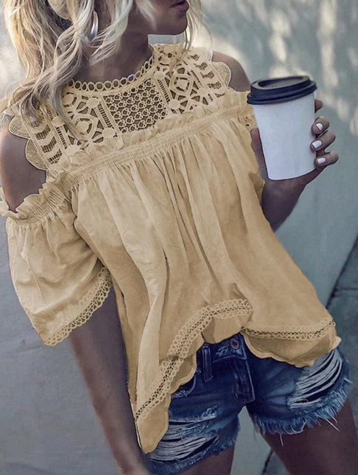 Ladies airy blouse with crochet collar, cut-out shoulders and flared hem StylebySassy