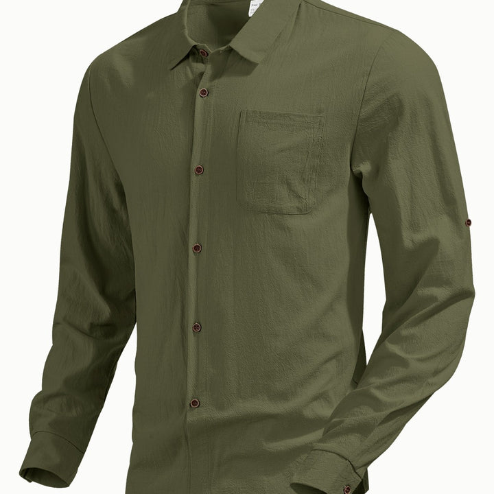 Men's casual long-sleeve shirt with Kent collar, chest pocket, and sleeve strap StylebySassy