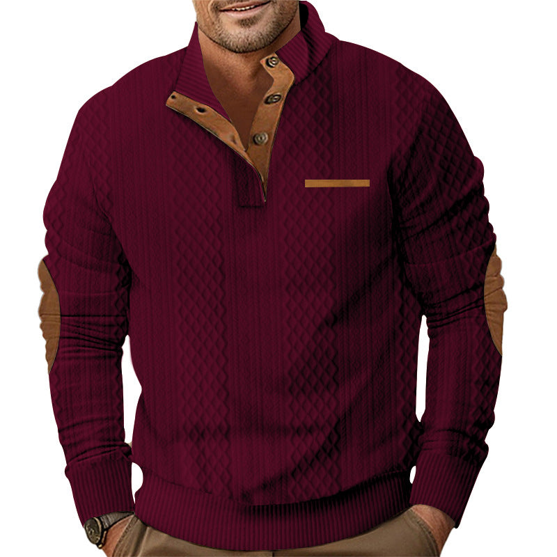 Men's knitted pullover with stand-up collar, button placket and elbow patches StylebySassy