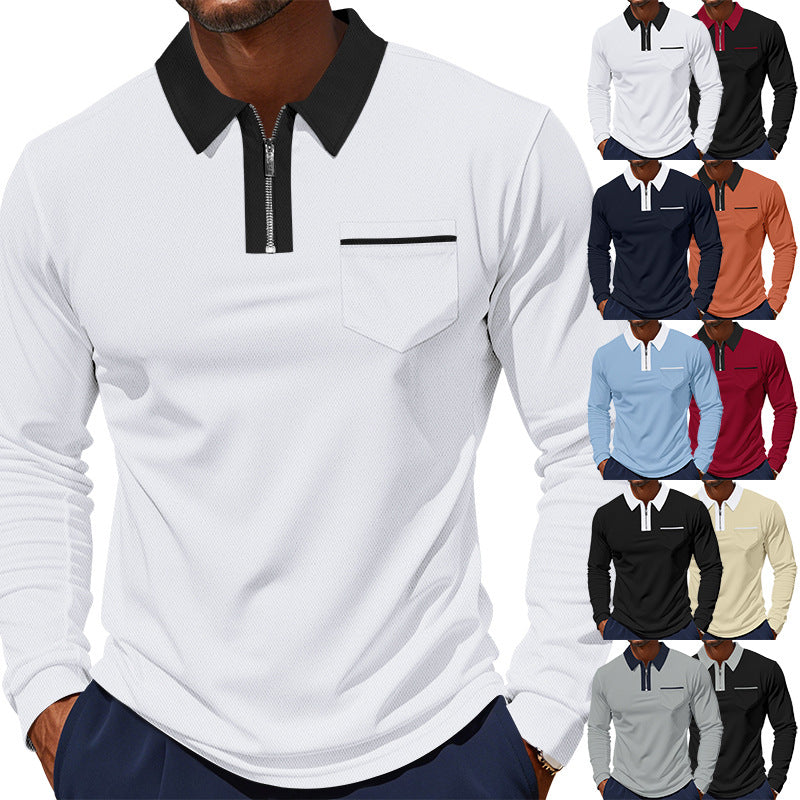 Men's long-sleeved polo with half zip, patch chest pocket, and fine structure jersey quality StylebySassy