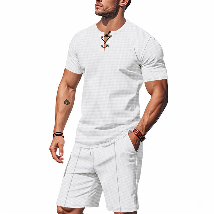 Men's short-sleeved lace-up collar shirt in waffle jersey with pleated Bermuda StylebySassy