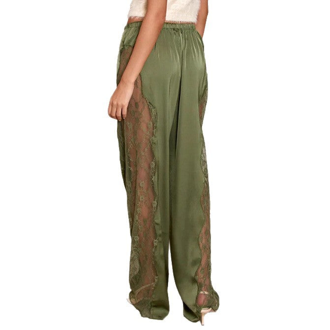 Women satin trousers with side lace inserts, wide leg and drawstring StylebySassy