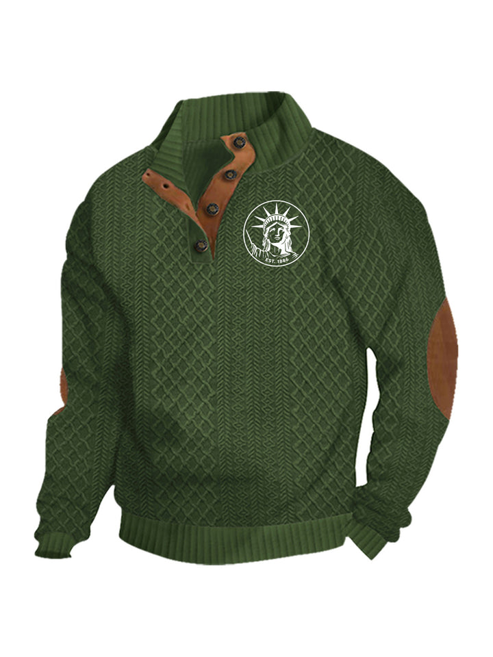 Men's nan Heritage textured pullover with stand-up collar faux leather trim elbow patches and half-button placket StylebySassy