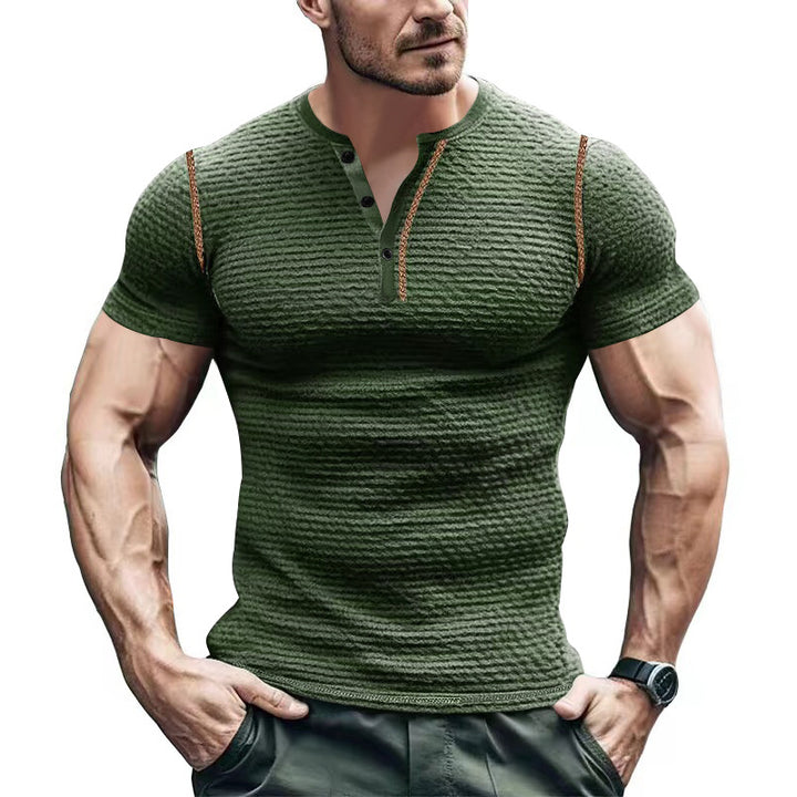 Men's body-hugging structured short-sleeve Henley with contrasting shoulder piping StylebySassy