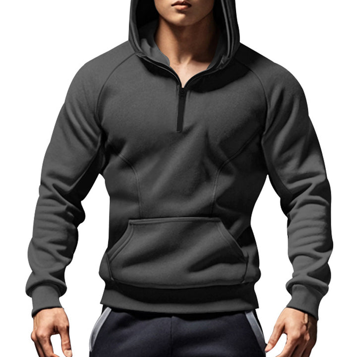 Men's casual hooded sweatshirt with short front zipper, ergonomic raglan cut, and kangaroo pocket StylebySassy