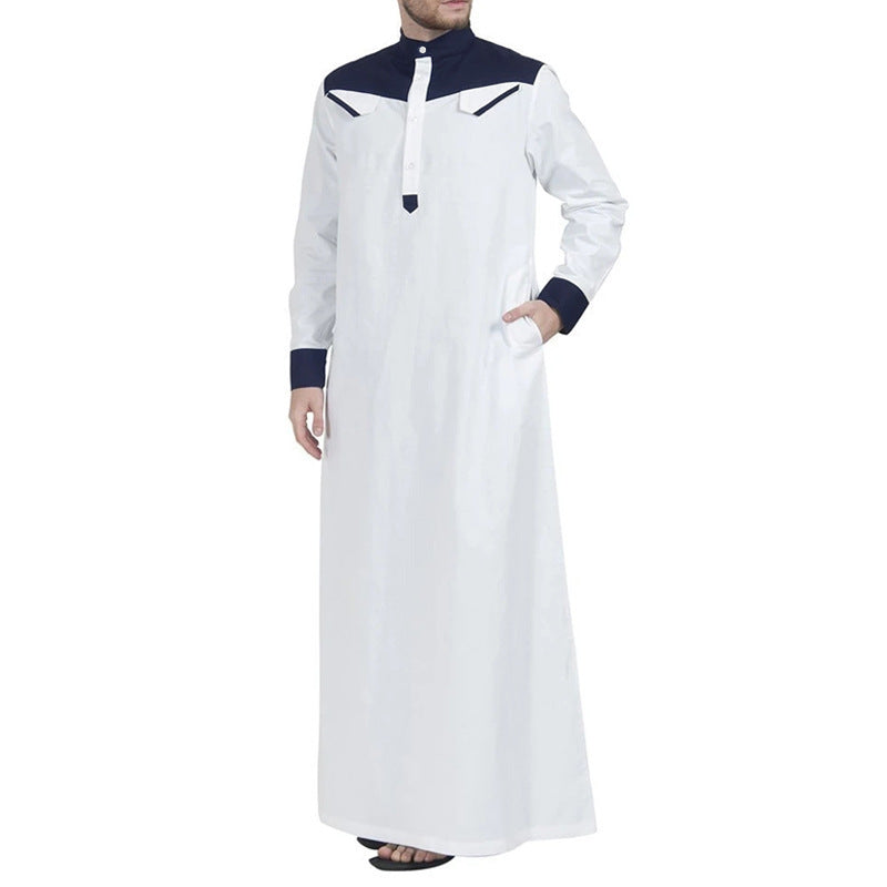 Men's long thobe with contrasting shoulder yoke, stand collar, and side pockets StylebySassy
