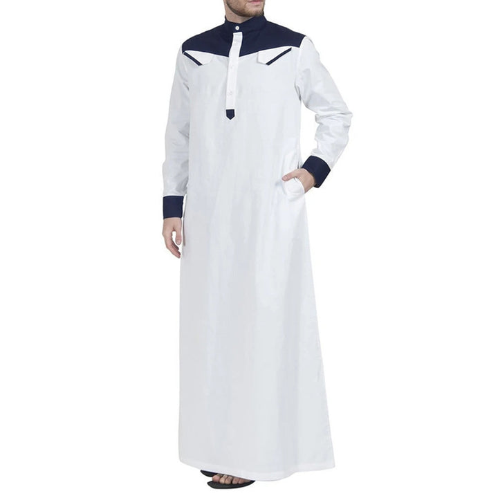 Men's long thobe with contrasting shoulder yoke, stand collar, and side pockets StylebySassy
