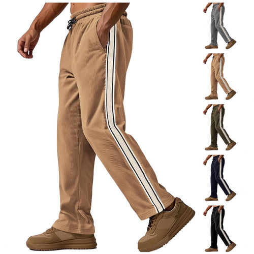 Men's loose training pants in corduroy look with drawstring waistband and side contrast stripes StylebySassy