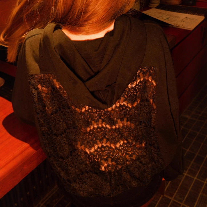 Ladies' oversized hooded sweater with floral lace insert on the back StylebySassy