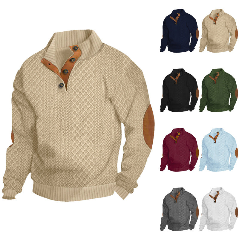 Men's cable knit turtleneck with stand-up collar, half button placket, and contrasting leather applications StylebySassy