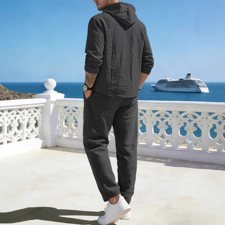 Men's relaxed hoodie Henley leisure suit made of lightweight cotton blend with linen look, featuring drawstring and elastic waistband pants StylebySassy