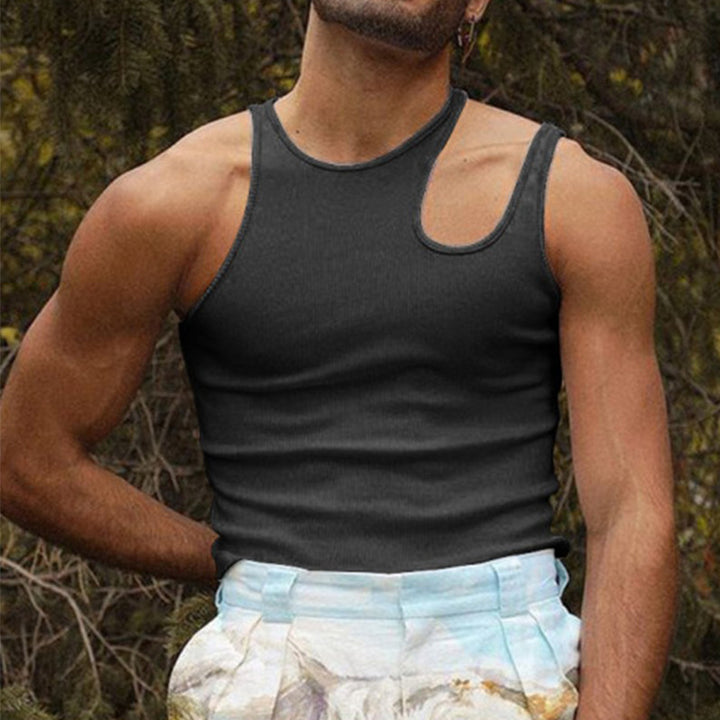 Men's body-hugging tank top with one-sided shoulder cut-out and fine ribbed texture StylebySassy